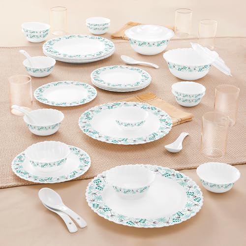 Image of Larah by Borosil Silk Series Stardust Opalware Dinner Set with Vision Glass | 40pcs for Family of 6 | Microwave & Dishwasher Safe | Bone-Ash Free | Crockery for Dining & Gifting | White, Plate & Bowl