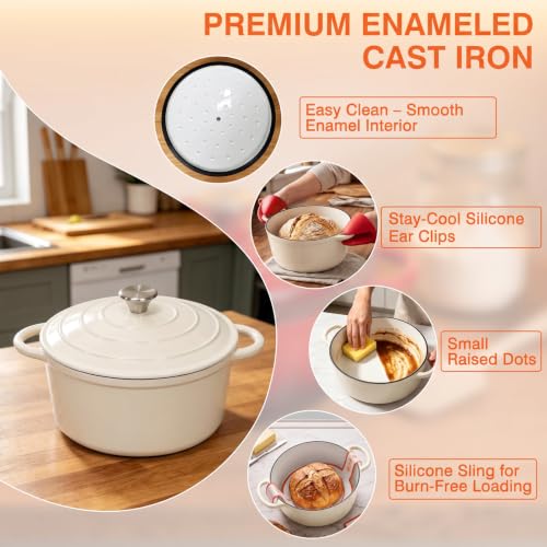 Image of Enameled Cast Iron Dutch Oven Pot with Lid 5.5QT, Sourdough Bread Baking Supplies with Banneton Bread Proofing Basket Set & Starter Jar, Unique Dutch Oven for Bread Baking (Cream White)