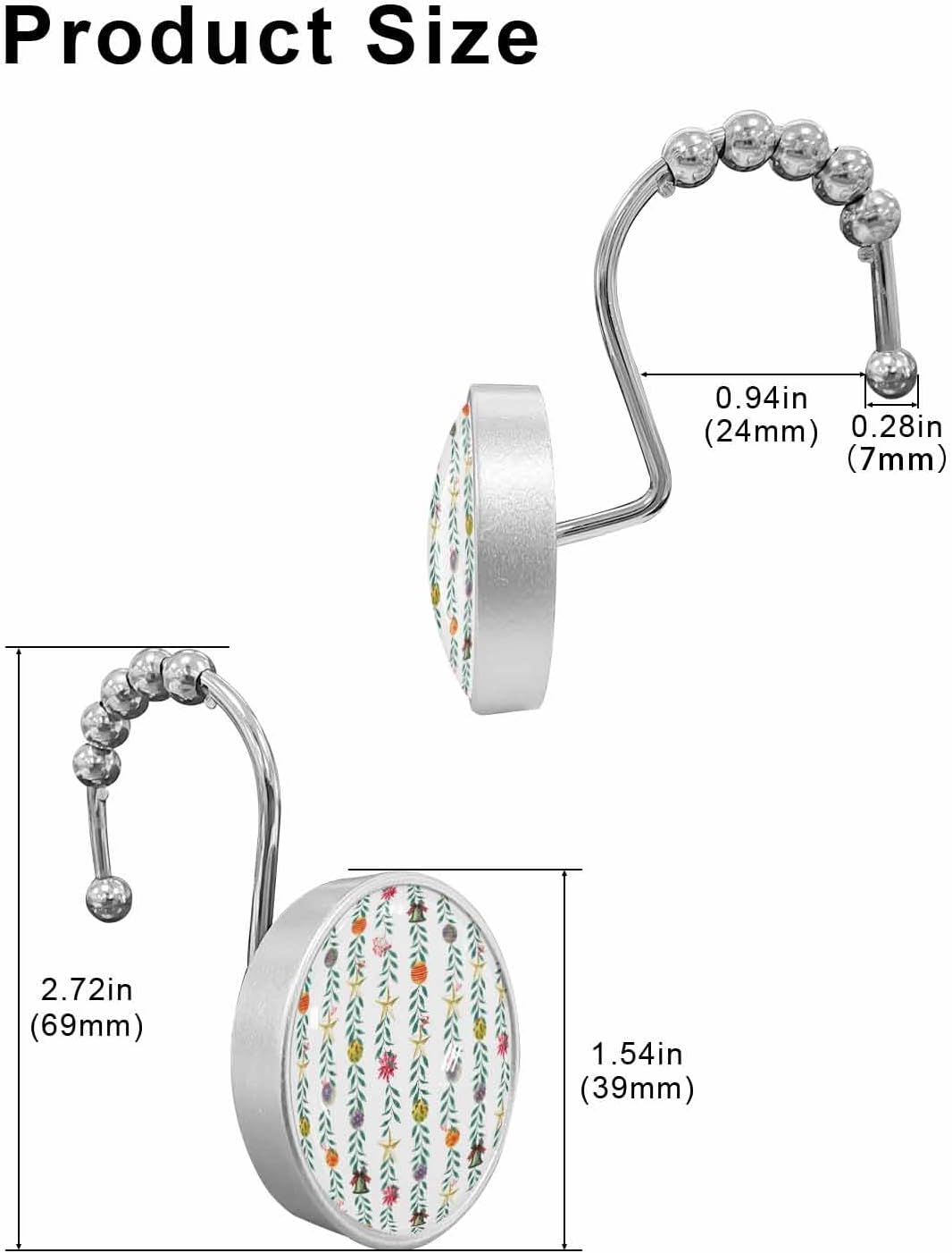 Shower Curtain Hooks 12 Pcs Christmas Winter Leaves Star Flower Colorful Berry Stainless Steel Rust Proof Rolling Shower Curtain Rings, Decorative Shower Curtain Hooks Hangers for Bathroom