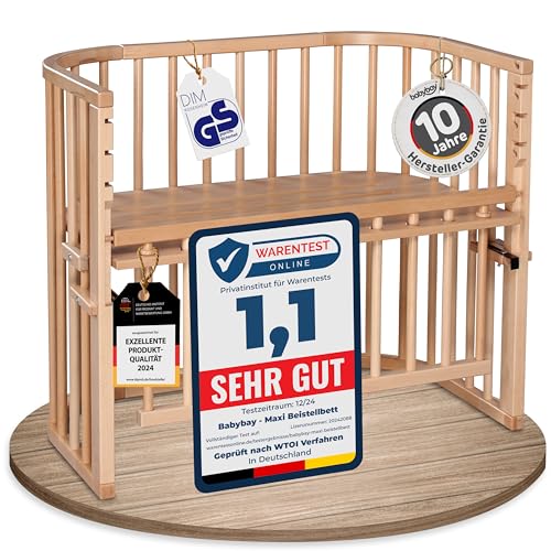 babybay Maxi Comfort Plus Beistellbett & Stubenwagen aus massivem Buchenholz/Zustellbett mit Verschlussgitter/stufenlos verstellbar & umweltfreundlich/mitwachsendes Babybett (natur lackiert)