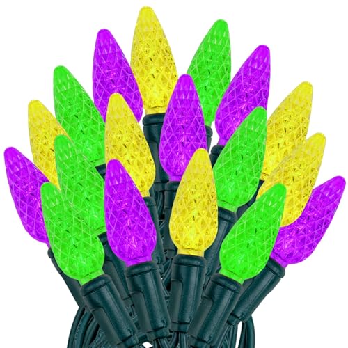 Novelty Lights 24FT 70 Light Purple Green and Yellow LED Mardi Gras Lights C6 Bulbs Connect up to 43 Sets Indoor/Outdoor Use
