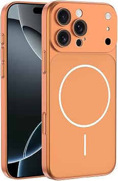 iPhone 15 Pro Max için Magsafe ile Uyumlu Parmak İzi Tutmayan Alüminyum Görünümlü Kılıf Süper Wireless Kablosuz Şarj Destekli Sert ve Dayanıklı Polikarbon Malzeme (Turuncu, iPhone 15 Pro Max)