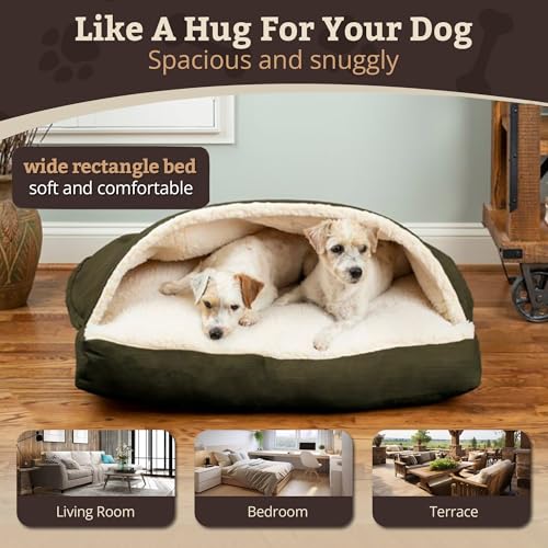 Image of Snoozer Rectangle Cozy Cave Dog Bed, Hooded Dog Bed, Olive (XL)