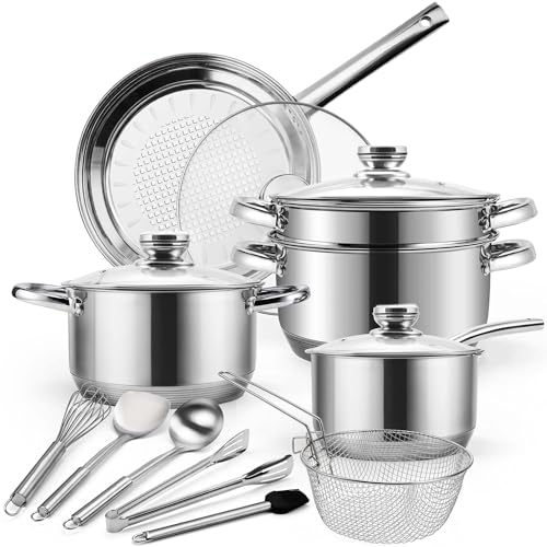 15-teiliges Edelstahl Topf und Pfannenset, Induktion Topfset mit Glasdeckeln, Kochtopf Set mit...