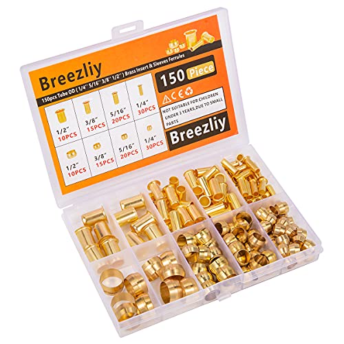 Breezliy 150Pcs Tube Od（1/4" 5/16" 3/8" 1/2") Brass Compression Sleeves Ferrules & Insert,4 Sizes Brass Compression Fitting Assortment Kit #TOP2