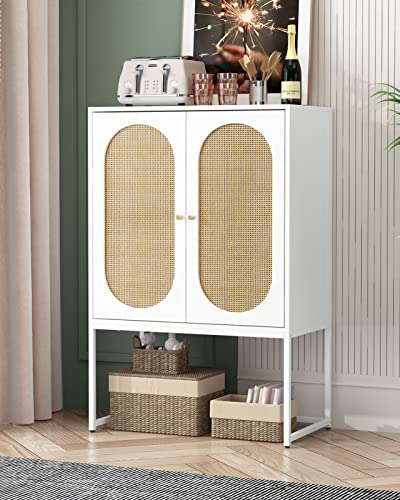 Rophefx High Cabinet With 2 Curved Rattan Doors, 2-Tier Storage Cabinet With Metal Base, Cupboard With Built-In Adjustable Shelf, Wooden Free Standing Cabinet For Living Room Dining Room, White #TOP4