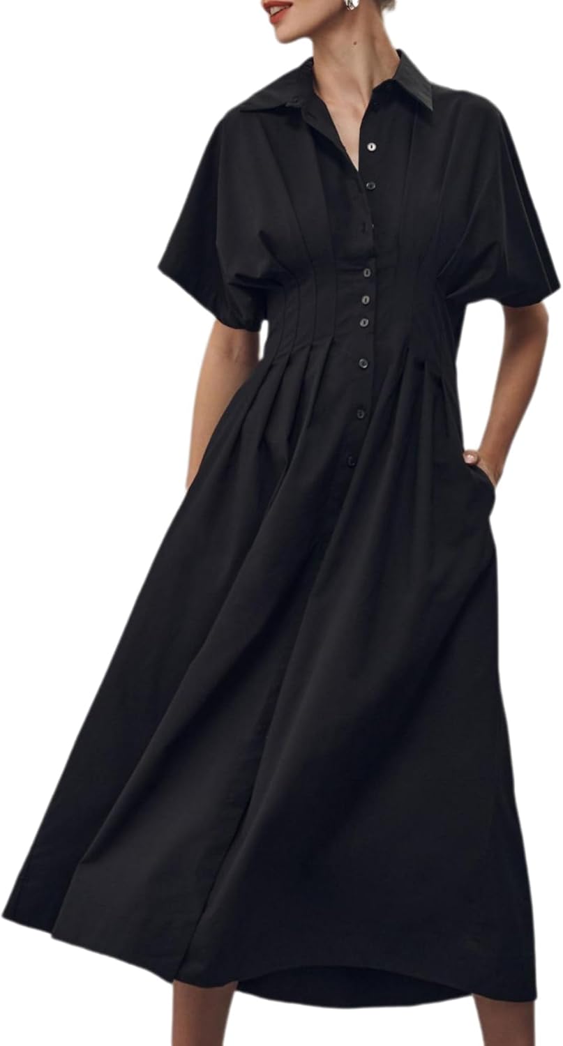 Chvity Women Stripe Tunic Maxi Shirt Dress Fashion Slim Fit Button Pleated Dresses Casual Short Sleeve Long Dress