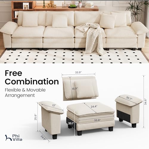 Image of PHI VILLA Cloud Modular Couches Sets, 157.5 inch Sectional Sofa with Upholstered Deep Seat, 4-Seater Long Couches for Living Room Apartment, Corduroy Fabric, Beige