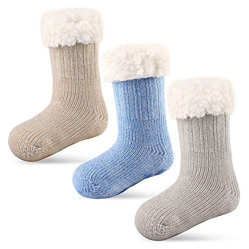 3 Pairs Girls Boys Slipper Socks Kids Winter Christmas Socks, Sherpa-lined Fuzzy Grips Socks for Boys for Girls (3 Pairs Basic, 0-12 Months)