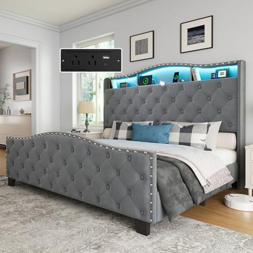 Image of Belffin Queen Size Bed Frame and Headboard, 50.9 inch Velvet Upholstered Wingback Bedframe with LED Lights & Storage /Charging Station, Button Tufted Tall Footboard, No Box Spring Needed, Noise-Free, Grey
