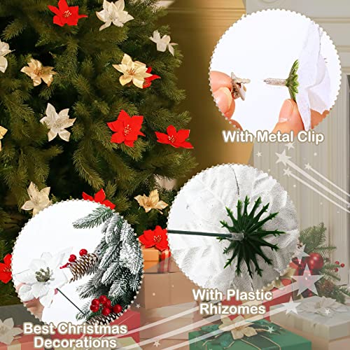 Canlierr 100 Pieces Christmas Glitter Artificial Poinsettia Flowers With Clips And Stems 5 Inch Christmas Poinsettia Artificial Decorations Christmas Tree Flowers Ornaments (Red, Gold, Silver) #TOP2