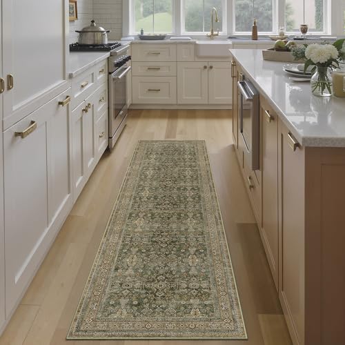 PureCozy Beige Runner Rug 2x8 Vintage Area Carpet Hallway Long Indoor Kitchen Washable Living Room Low Pile Traditional Distressed Retro Accent Throw Rug Non Slip Laundry Bathroom Office 2'