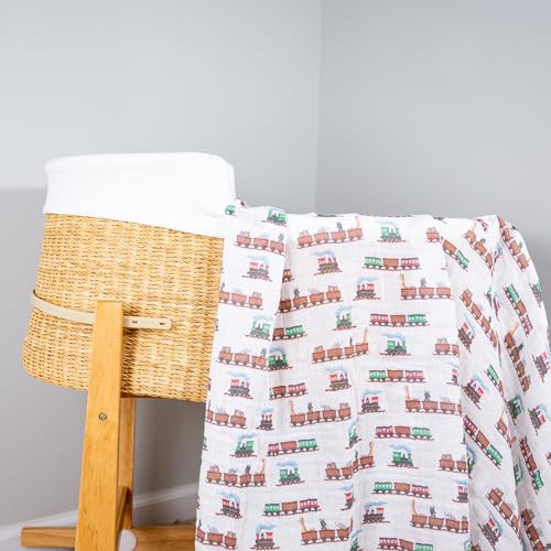 Image of LollyBanks Muslin Swaddle Blankets, 100% Cotton Baby Blanket for Boys and Girls, Soft and Lightweight 47 x 47 Inches Infant Swaddle, Gentle Newborn Blankets, Baby Essentials (Animal Train Print)