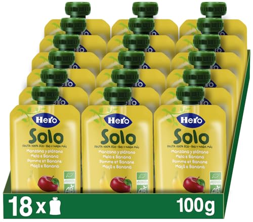 Hero Solo Bio Frutta Frullata 100% Bio, Senza Zuccheri Aggiunti, Purea di Mela e Banana - 18 Confezioni da 100 gr
