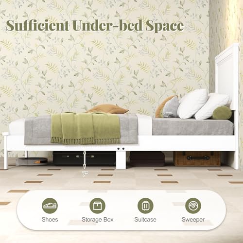 Image of GIANTEX Wood Twin Bed Frames with Headboard, Mid Century Platform Bed Frame with Solid Wood Legs & Wooden Slat Support, Twin Bed Frames for Kids Adults, White Bed