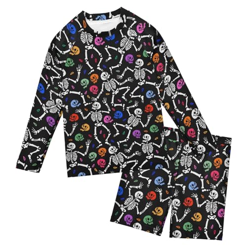 Colorful Skeleton Print Boys Swimsuit Rash Guard Toddler Kids Long Sleeve Swim Shirt and Trunks Swimwear Set 3-10Y