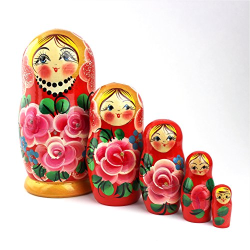 Heka Naturals Poupées Gigognes Russes, 5 Poupées Matriochka Traditionnelles Style Roses | Poupées en Bois Babushka, Motif Roses Roses Fabriqué A La Main en Russie | Roses, 5 Pièces, 18 cm