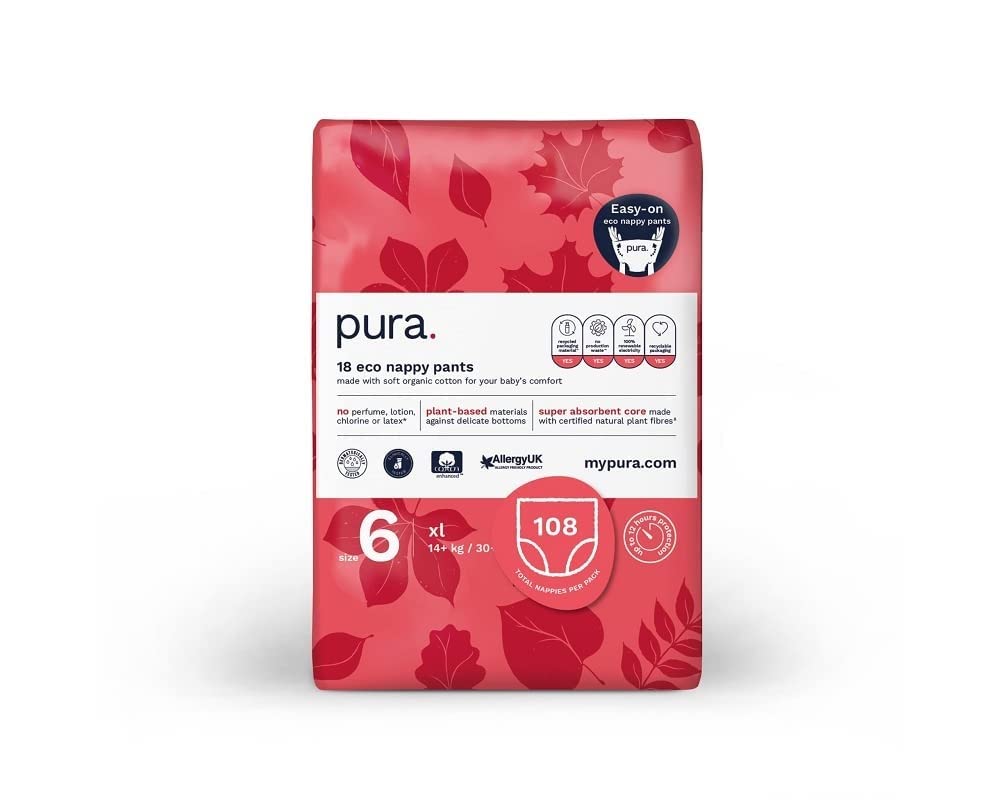 PuraEco Nappy Pants Size 6 (14+kg / 30+lbs) Monthly Pack 6 x 18 per pack, 108 Baby Toddler Easy Pull Up’s Training Nappies for Boys and Girls, EU Ecolabel Certified, Perfume Free