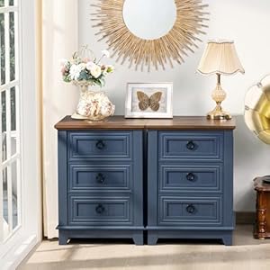 Nightstand set of 2 farmhouse 18 inch end table with 3 drawer metal handle dresser for bedroom sofa bed side table chest of drawerswood night stand cabinet for organizer living room  urban country home decor