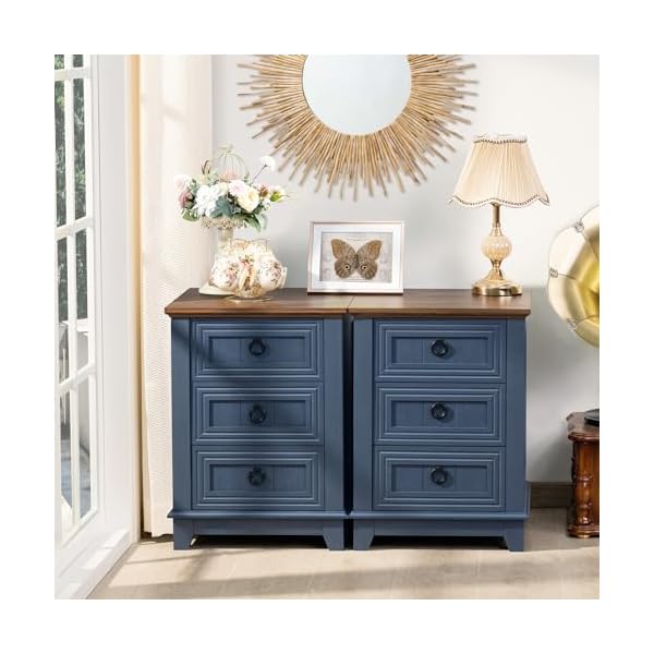 Nightstand set of 2 farmhouse 18 inch end table with 3 drawer metal handle dresser for bedroom sofa bed side table chest of drawerswood night stand cabinet for organizer living room  urban country home decor