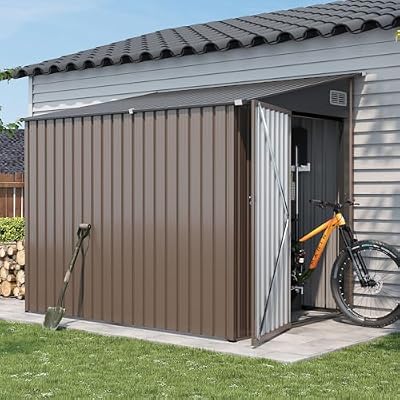 Breezestival 7'x5.5' Lean to Shed Galvanized Steel Storage Sheds with Side Door Waterproof Utility Shed with Sloped Roof for Mower, Bike, Garden Tools (Brown)