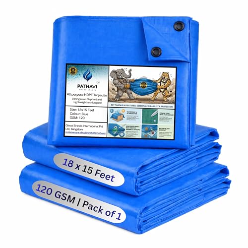 Image of Premium 18x15ft Blue Tarpaulin, Thadika, 120 GSM Virgin Tharpai Sheet, Heavy Duty Waterproof Tadpatri Cover with Reinforced Eyelets & UV Protection, Ideal for Trucks, Farms & Home Use, 1 Sheet