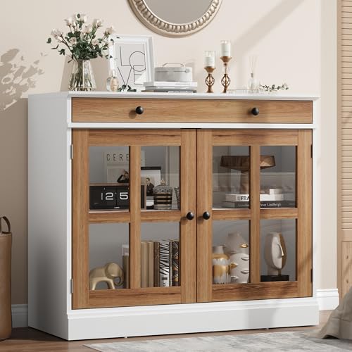 GarveeHome 35.4 in Sideboard Buffet Cabinets with Glass Door, Buffet Cabinet with Storage, White&Brown Sideboard Cabinet with Drawer, Modern Buffets &