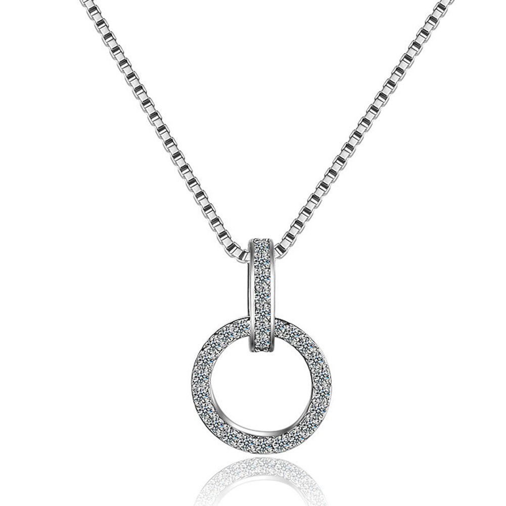 OMZBM S925 Sterling Silver Necklace Simple Fashion Two Circles Interlocking Pendants Clavicle Chain Plated Platinum For Women And Girl