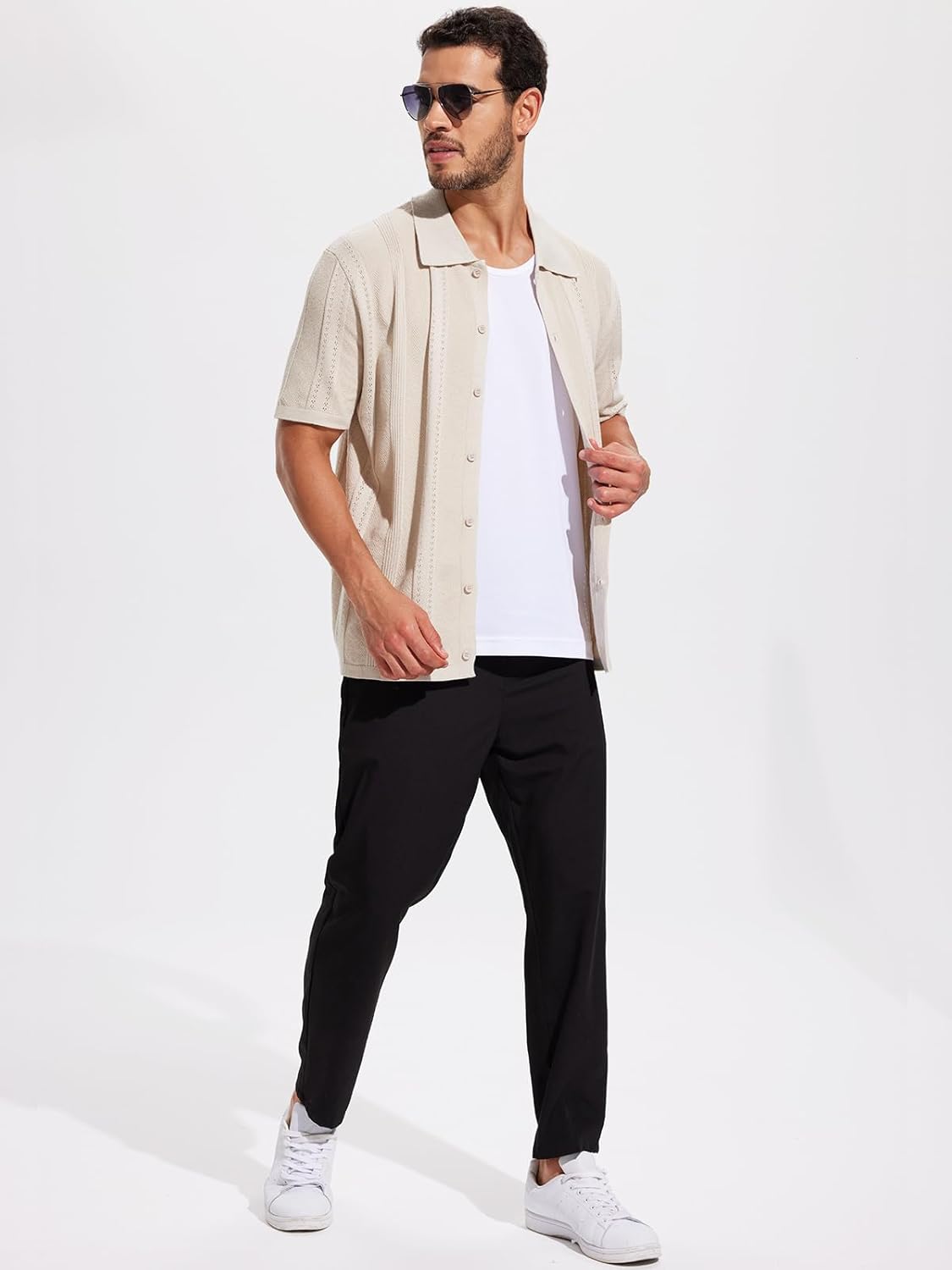 DEVOROPA Mens Button Down Knit Shirts Short Sleeve Casual Collared Hollow-Out Summer Beach Polo Shirt Vacation Sweater Tops - Image 3