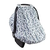 Bebe au Lait Classic Muslin Car Seat Cover, Easy Snap Straps, Fully Zippered Opening - Blue Leaves