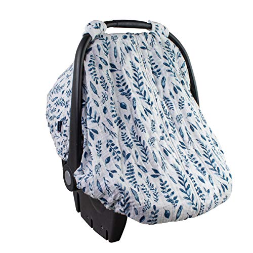 Image of Bebe au Lait Classic Muslin Car Seat Cover, Easy Snap Straps, Fully Zippered Opening - Blue Leaves