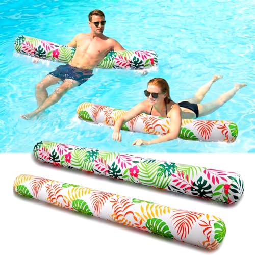 Soulchen 2 Pack Inflatable Pool Noodles Soft Fabric Covered 54'' Large Swim Noodles for Adults Hawaii Tropical Palm Leaves Premium Buoyancy for Pool Swimming Floating Beach Party Decor (Warm-Toned)