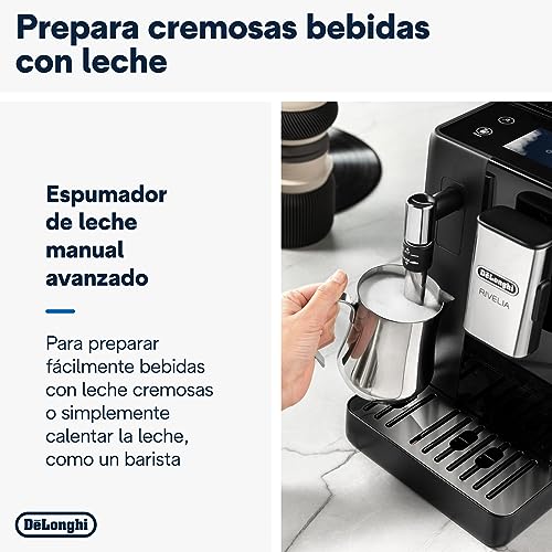 De'Longhi Rivelia EXAM440.35.B, Cafetera Superautomática con Espumador de Leche Manual, Tamaño Compacto, 8 Recetas, Pantalla Táctil a Color, Negro Ónix