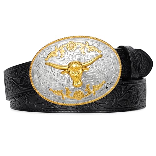 LEACOOLKEY Men's Leather Belt Western Cowboy Leather Belt for Jeans Pants Snap Belt with Detachable Buckle