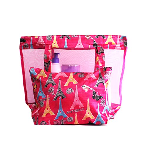 Bolsa de praia feminina Transparente de pvc com estampa e zíper + Nécessaire Cor: Rosa Pink