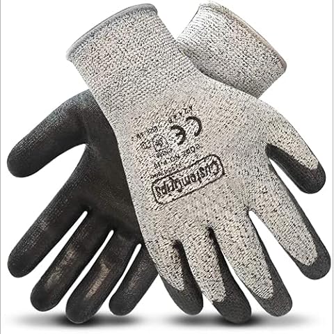 CustomGrips Cut Resistant Gloves, Double Knitted HPPE Liner, Level 4 Abrasion Resistance, Polyurethane Palm Coated Work [6 Pairs/Extra Large] Cover