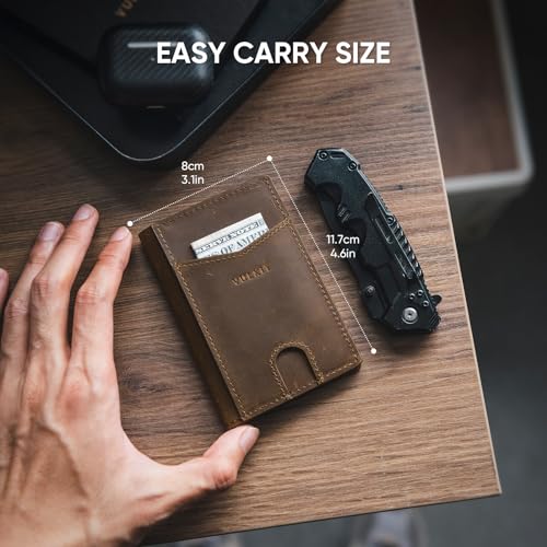 Image of VULKIT Bifold Front Pocket Slim Wallet RFID Blocking Minimalist Thin Genuine Leather Credit Card Holder Wallet for Men and Women Dark Brown
