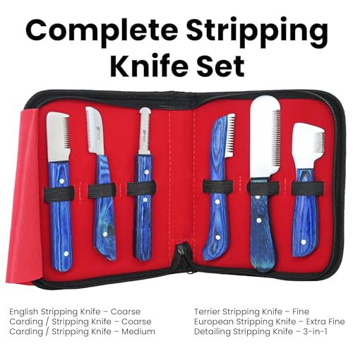 Stellar Shears Dog Grooming Stripping Knife Set – 6-Piece Stainless Steel Hand Stripping Tools with Wooden Handles – Coarse, Medium, Fine & Extra-Fine Knives for Dogs, Cats & Wire-Coated Pets (Blue) — view 2