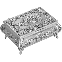 Rectangular Vintage Metal Jewelry Box with Rose Pattern, Ring Earrings Necklaces Rosary Holder Case Antique Boxs, Trinkets Keepsake Box Home Decor Gift for Women Style 1