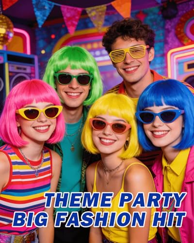 Image of Colorful Bob Wigs with Heart Sunglasses, Neon Colored Funny Wigs for Party