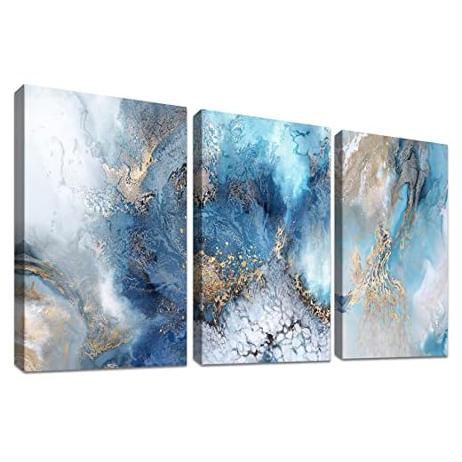 3 Pcs Cadre en bois Impression sur Toile Océan de Mer Bleu Doré Tableau Abstraites Vague de Mer Image sur Toile Affiche Peinture Tableau Decoration Murale Salon Chambre Maison 90x40cm(12"x16"x3pcs)