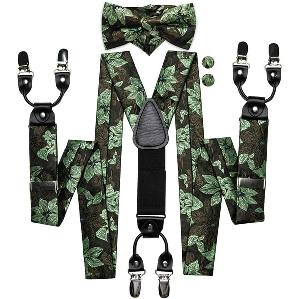 Image of Hi-Tie Suspender Bowtie Green Brown for Men Adjustable Y-Shape 6 Clips Trouser Braces Pre-Tied Bow Tie with Handkerchief Cufflinks