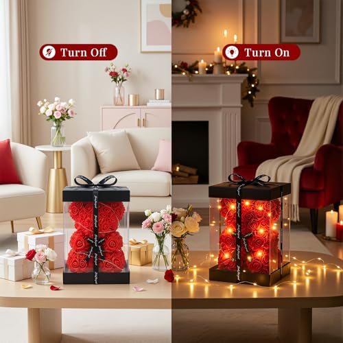 Otlonpe Preserved Artificial Roses Flowers Bear, Forever Women Gifts for Birthday Christmas Valentines Mothers Day, 9'' Red Rose Flower Small Bear Lamp in Box, Gifts for Women Mom Grandma Daughter - Image 3