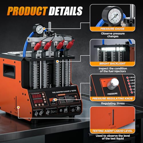 EVSTUL Fuel Injector Cleaner Tester Machine, 45℃ Heating Ultrasonic Function, 12 Test Modes, 4 Cylinders Injector Tool with 5 Adapters Tester and Cleaner Kit for Gasoline & Diesel Cars, Motorcycles by EVSTUL - Used condition - Image 6