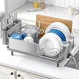 Urackify Stainless Steel Dish Drying Rack - Large Capcity 304 Grade Dish Drainer for Kitchen Counter with Drain Board, Utensil Holder & Detachable Cup Shelf, Rustproof Multifunctional Organizer