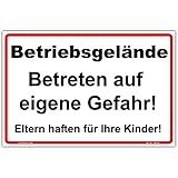 Schild "Betriebsgelände, Betreten auf eigene Gefahr!" Hinweisschild 300x200 mm Querformat, stabile Aluminiumverbundplatte 3mm stark