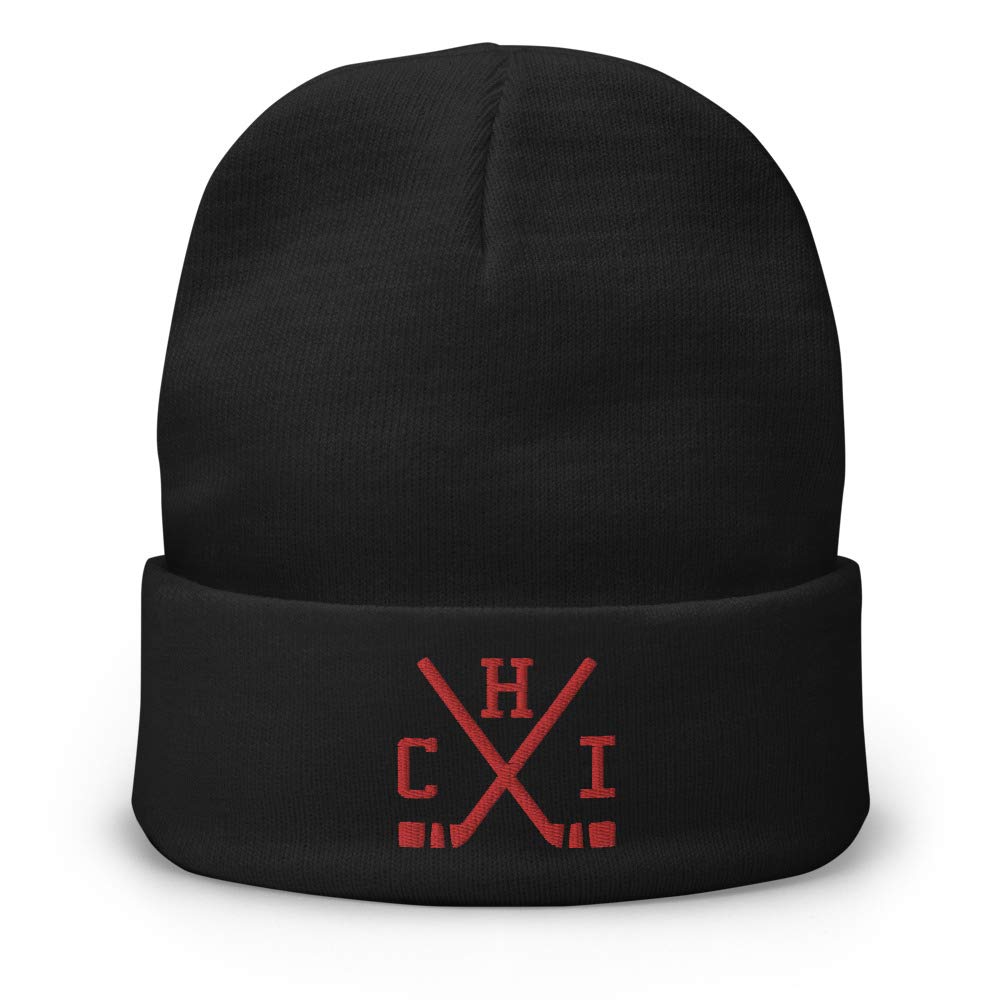Chicago Hockey Sticks Retro CHI Winter Beanie Cap Hat Black