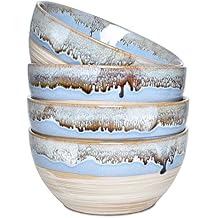 Bosmarlin Stoneware Soup Bowl Set of 4, 26 Oz, Cereal Bowl for Oatmeal, Dishwasher and Microwave Safe, Reactive Glaze Blue, 6 in
