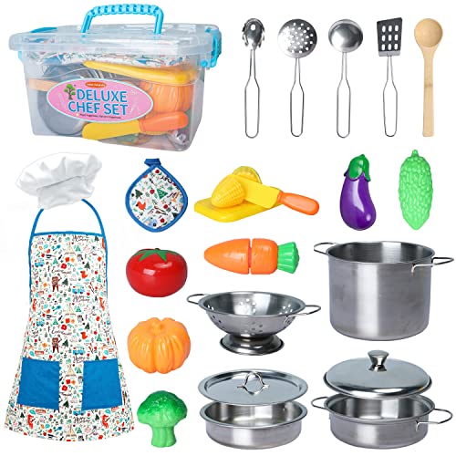 Kinderküche Zubehör, Kinderküche Kochgeschirr Edelstahl Töpfe küchenspielzeug für Kinder, Spielküche Zubehör mit Schürze…