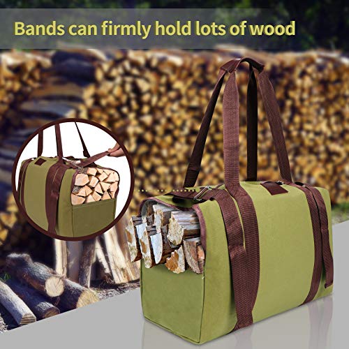 RIVECO Firewood Carrier Canvas Log Tote Bag Fireplace Holders Indoor Woodpile Rack Fire Wood Carrying Outdoor Tubular Birch-Wood Tools Campfire Basket Green - Thumbnail 2